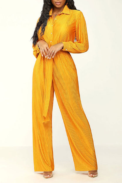 storexq Solid Color Classic Belted Pleated Jumpsuit