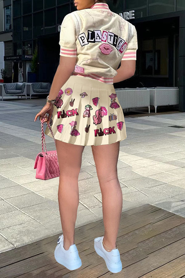 storexq Cartoon Print Preppy Pleated Dress Suit