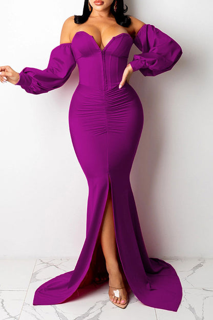 storexq Solid Color Glamorous Off Shoulder Fishtail Maxi Dresses