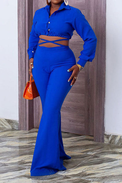 storexq Solid Color On-trend Strappy Bell Bottoms Pant Suit