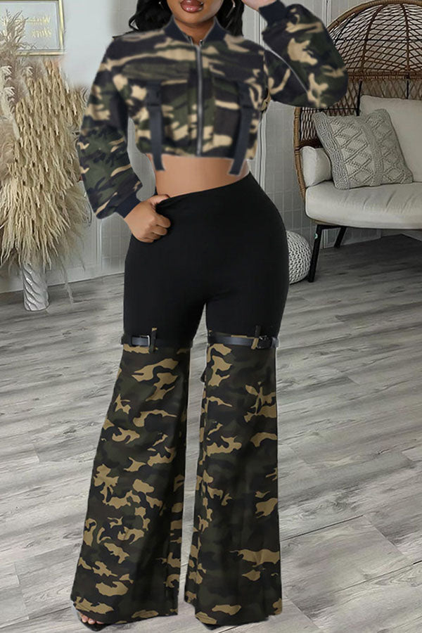 storexq Camouflage Punk Belt Decor Micro Flared Pant Suit