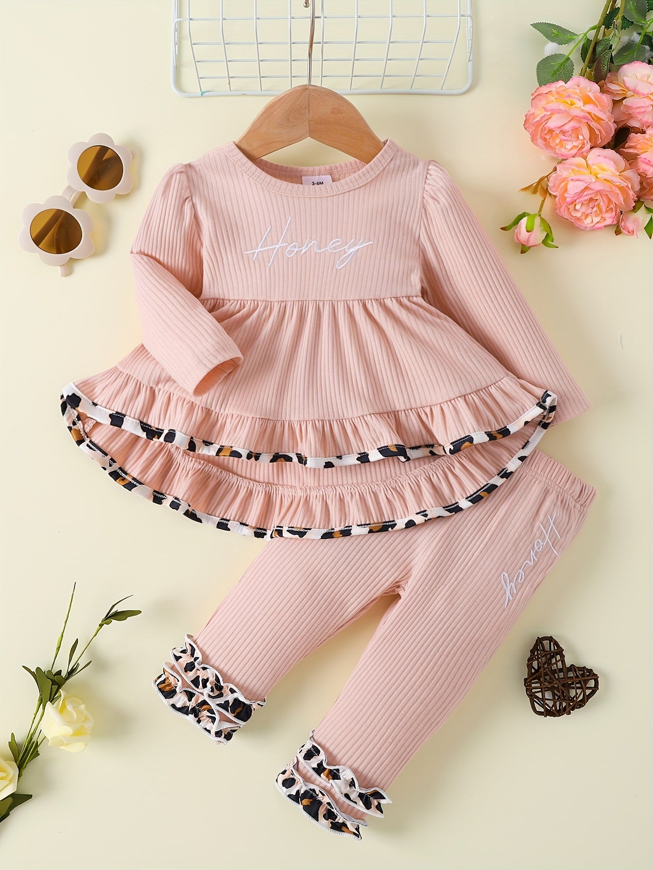 Toddler Baby Girl Cute Outfit - Puff Hem Dress Top + Elastic Pencil Pants Leopard Lace Letter Embroidery Set Outdoor Clothes