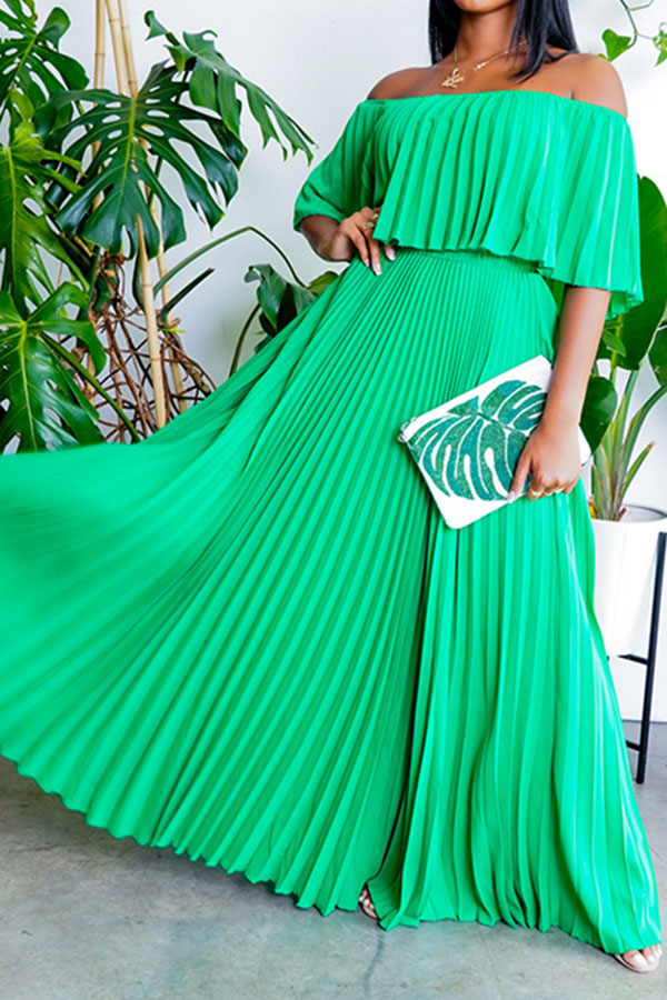 storexq Solid Color Off Shoulder Elegant Pleated Swing Maxi Dress