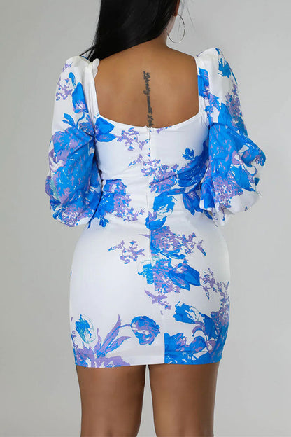 storexq Floral Print Cute Puff Sleeve Strappy Mini Dress