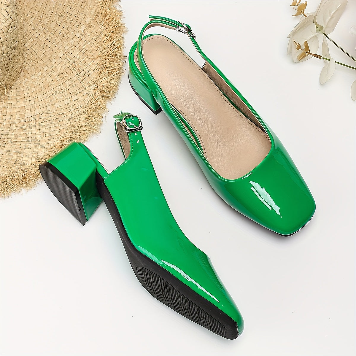 Exquisite Slingback Block Heel Pumps - Elevate Your Style with Squared Toe, Ankle Buckle, Versatile Summer Shoes for Women, Perfect for Dressy Occasions and Everyday Wear