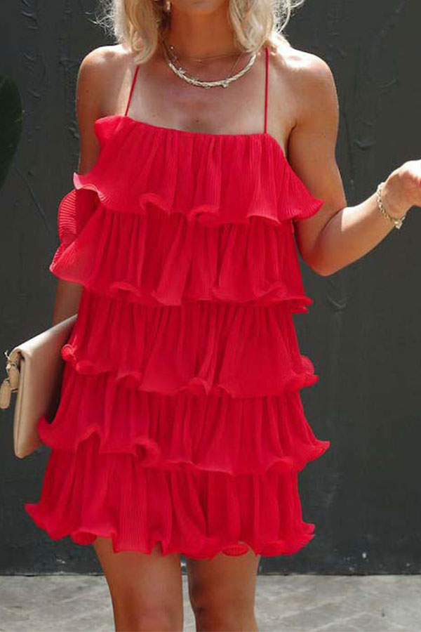 storexq Solid Color Sweet Tiered Ruffle Mini Dress