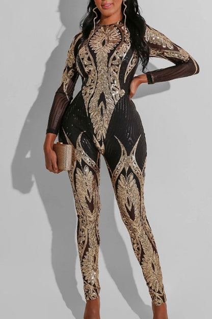 storexq Sequined Round Neck Retro See-Through Jumpsuit