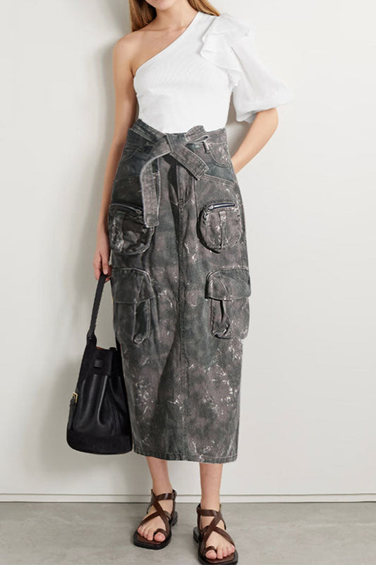 storexq Splash Ink Print Punk Multi Pocket Denim Skirt