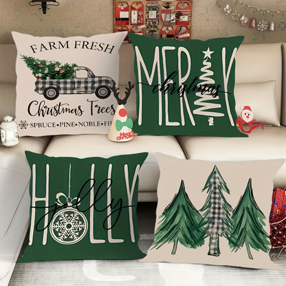 4pcs Set Green Christmas Tree Throw Pillow Covers, 18x18 Inch - Modern Minimalist Style, Flannel Printed, Zip Closure - Perfect for Living Room, Bedroom & Sofa Decor (Inserts Not Included)