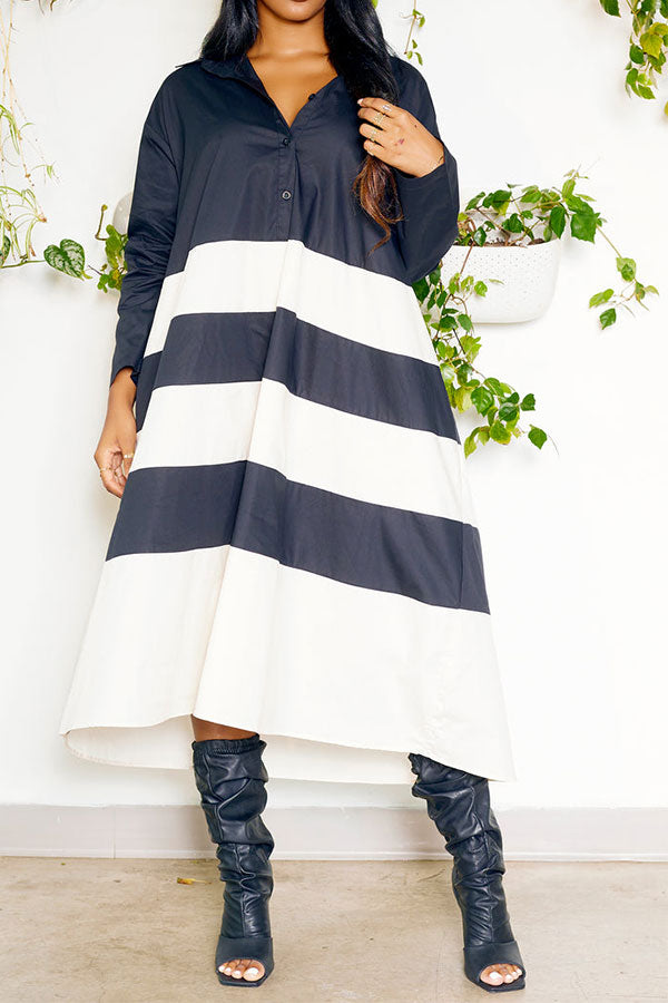 storexq Hit Color Patchwork Relaxed Button Midi Dress