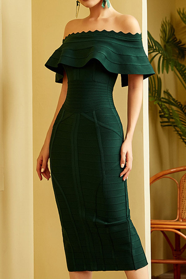 storexq Solid Color Feminine Off Shoulder Midi Dress