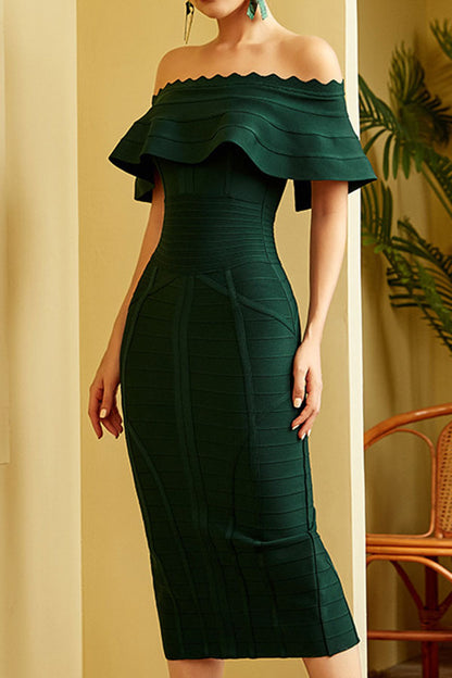 storexq Solid Color Feminine Off Shoulder Midi Dress