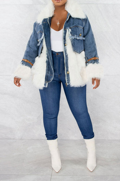 storexq Faux Fur Patchwork Casual Denim Coat