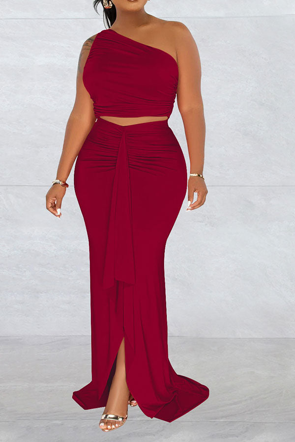 storexq Solid Color Cutout Striking Ruffle Irregular Maxi Dress