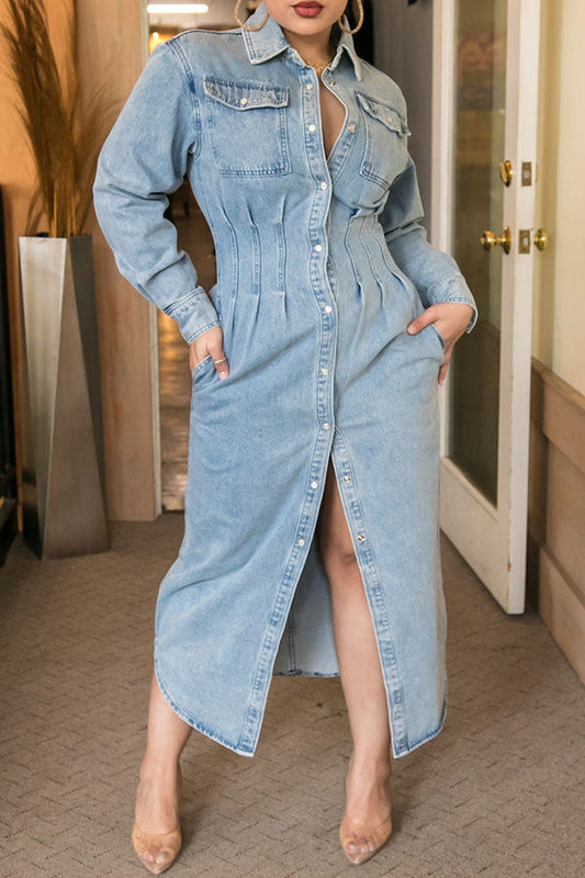 storexq Solid Color Urban Single Breasted Denim Midi Dress