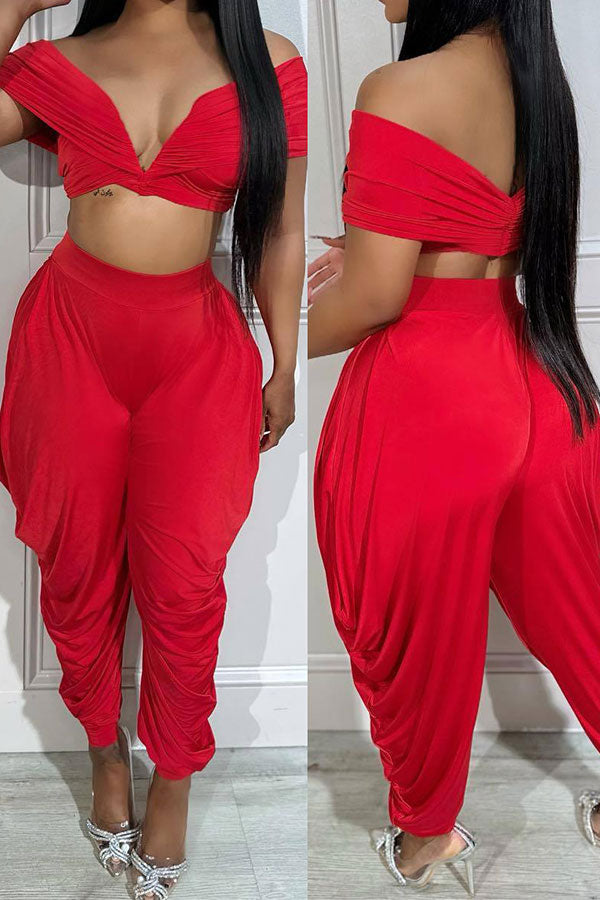 storexq Solid Color Off Shoulder Flattering Draped Pant Suit