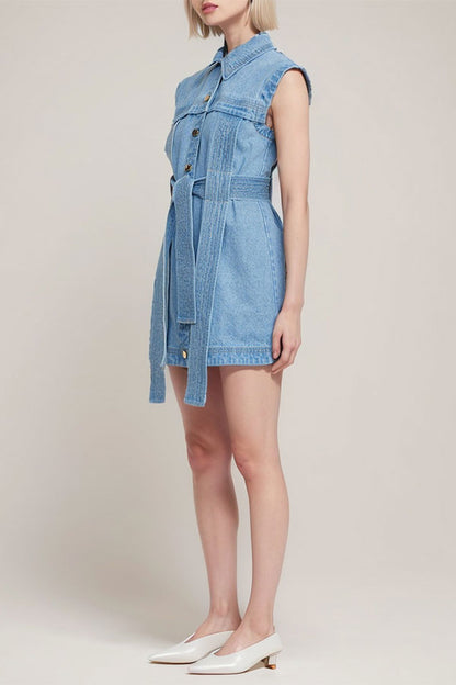 storexq Washed Denim Stylish Ribbons Belted Mini Dress