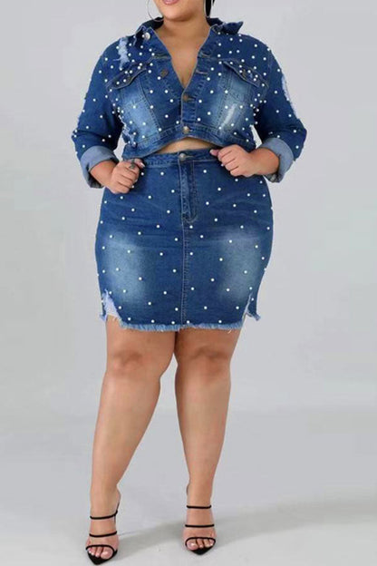 namcoverse Beaded Decor Elegant Ripped Denim Dress Suit