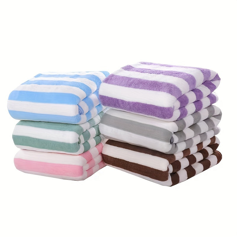 Striped Soft Absorbent Towel Set, Fast Drying Coral Fleece Bath and Hand Towels, Polyester Blend Terrycloth Knit Fabric, 320 GSM - Pack of Bath and Face Towels