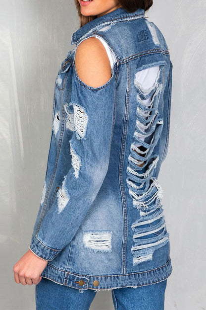 storexq Ripped Cold Shoulder Urban Gradient Denim Coat