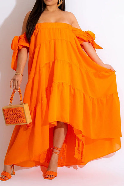 storexq Solid Color Pretty Flowy Tiered Ruffle Maxi Dress