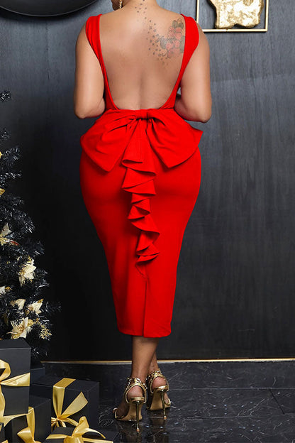 namcoverse Solid Color Elegant Bow Decor Backless Midi Dress