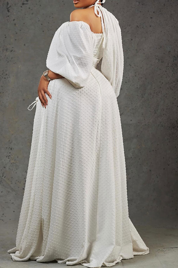 storexq Swiss Dot Asymmetric Puff Sleeve Stunning Maxi Dress