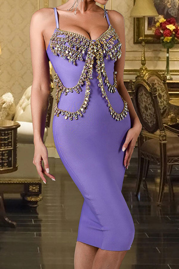 storexq Purple Pretty Rhinestone Midi Dress