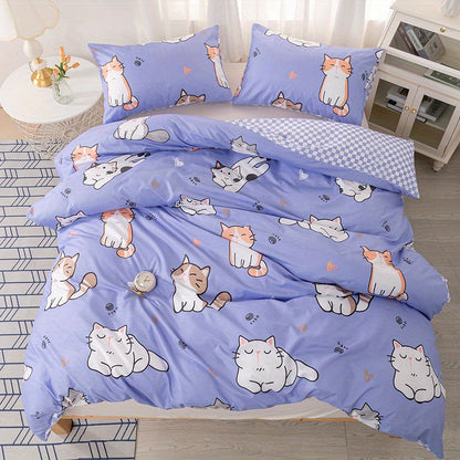 3-Piece Fashionable Kawaii Cat Print Duvet Cover Set - Soft, Comfortable, and Cozy Bedding for Bedroom and Guest Room - Includes 1 Duvet Cover and 2 Pillowcases, No Filling