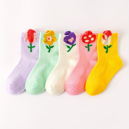 5 Pairs Of Toddler's Cute Cartoon Floral Crew Socks, Soft Comfy Cotton Blend Children's Socks For Boys Girls All Seasons Wearing