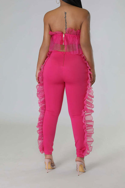 storexq Solid Color Cute Mesh Ruffle Design Pant Suit