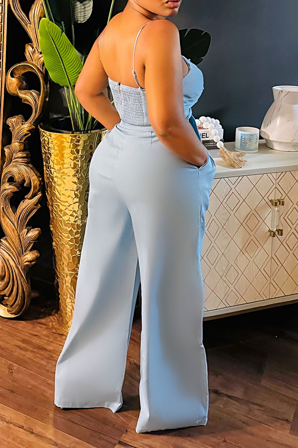 storexq Solid Color Denim Sleeveless Pretty Wide Leg Pant Suit