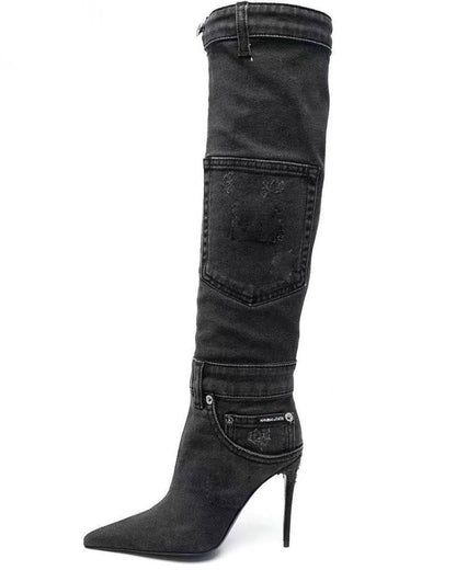 storexq Denim Striking Patch Pocket Pointed Toe Boots