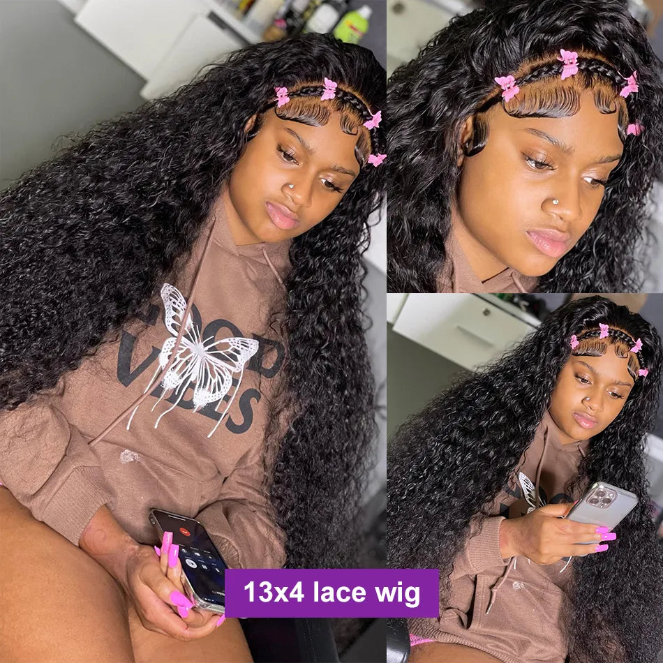 30 32 Inch Deep Wave Frontal 13x4 Curly Transparent Lace Front Human Hair Wigs Brazilian Remy 180% 4x4 Closure Wig for Women