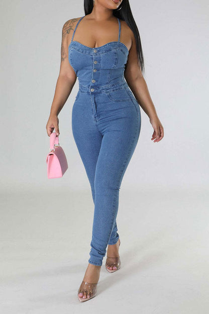 storexq Solid Color Smart Strappy Denim Jumpsuit