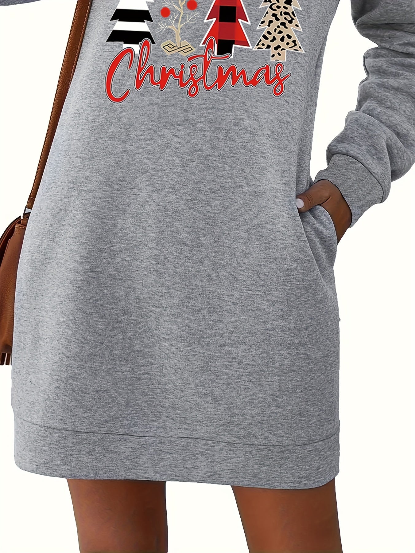 Cozy Fleece-Lined Christmas Sweatshirt Dress with Pockets - Long Sleeve, Round Neck, Festive Letter Print for Women