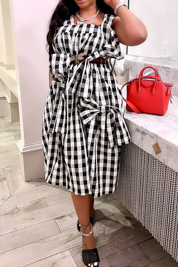 storexq Checked Patchwork Girly Bowknot Midi Dress
