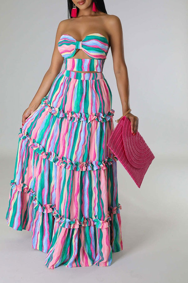 storexq Rainbow Stripe Flattering Tiered Ruffle Dress Suit