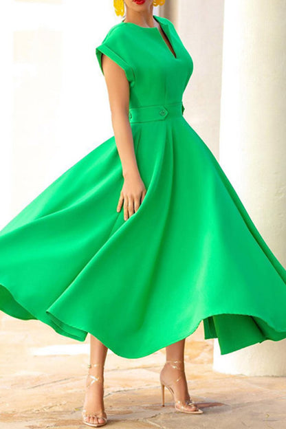 storexq Solid Color V Neck Stylish Swing Midi Dress