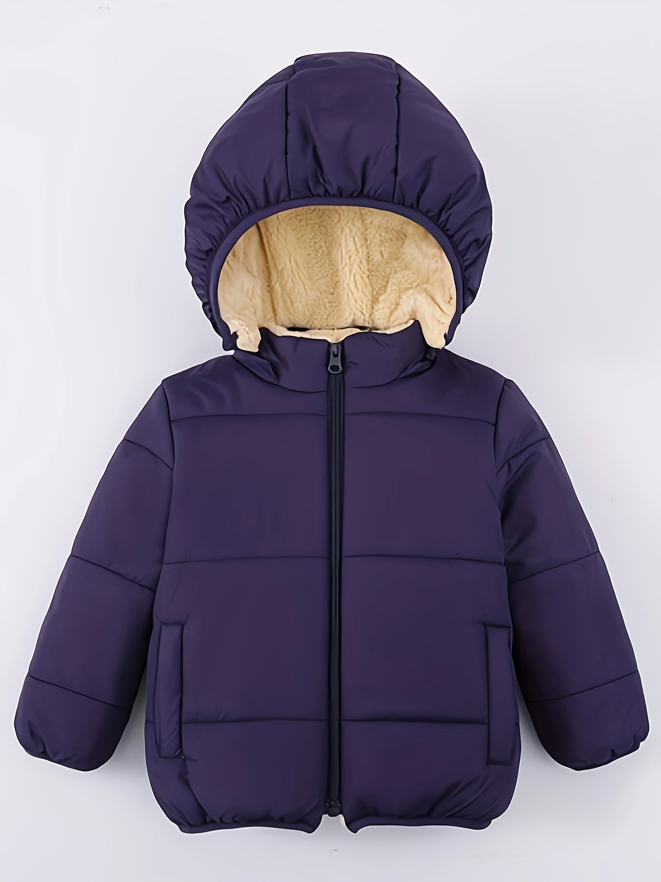 Baby's Solid Color Fuzzy Lining Quilted Jacket With Detachable Hood, Warm Zip Up Padded Coat, Baby Boy's Clothing For Fall Winter