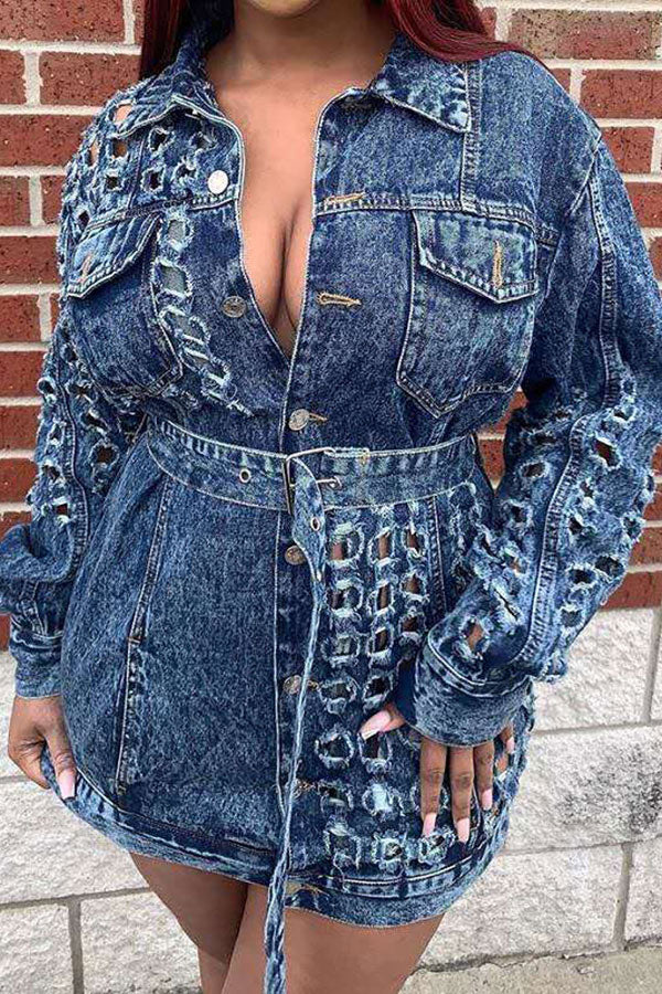 namcoverse Blue Stylish Cutout Belted Denim Mini Dress