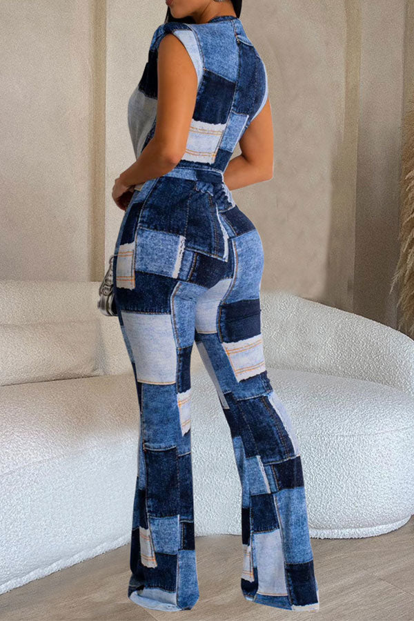 storexq Denim Print Modern Deep V Neck Belted Jumpsuit