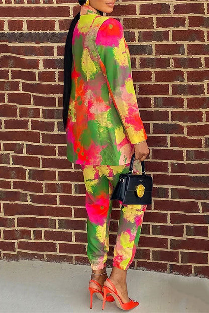 storexq Colorful Splash Ink Print Shawl Collar OL Pant Suit