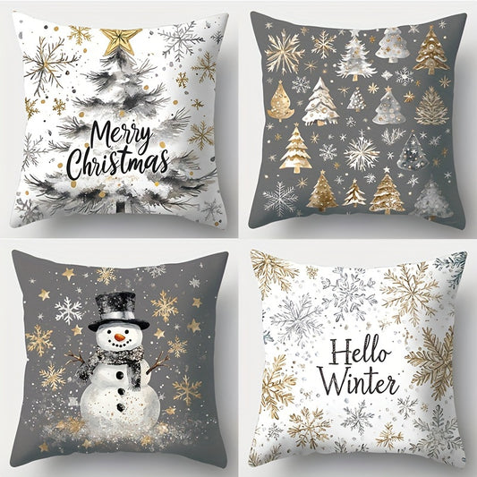 Contemporary 4-Pack Christmas Throw Pillow Covers 17.7" - Polyester, Zippered, Machine Washable, Festive Golden & Gray Print for Living Room Decor - Snowman, Trees, Winter Designs, Woven Pillowcases (No Pillow Core)