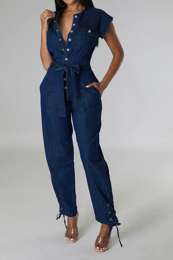 storexq Solid Color On-trend Strappy Belted Denim Jumpsuit