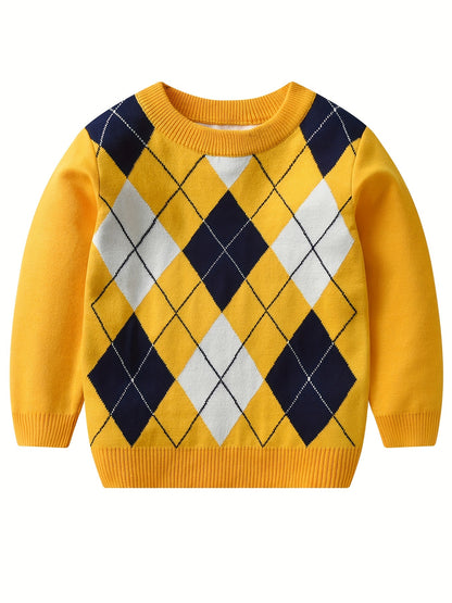 Cozy Boys' Argyle Sweater - Soft Stretchy Long Sleeve Round Neck Pullover Top for Kids - Warm Knit Outdoor Clothing for Winter and Fall