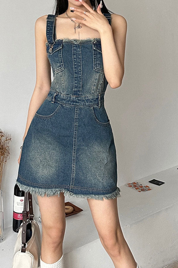 storexq Gradient Girly Suspenders Denim Mini Dress