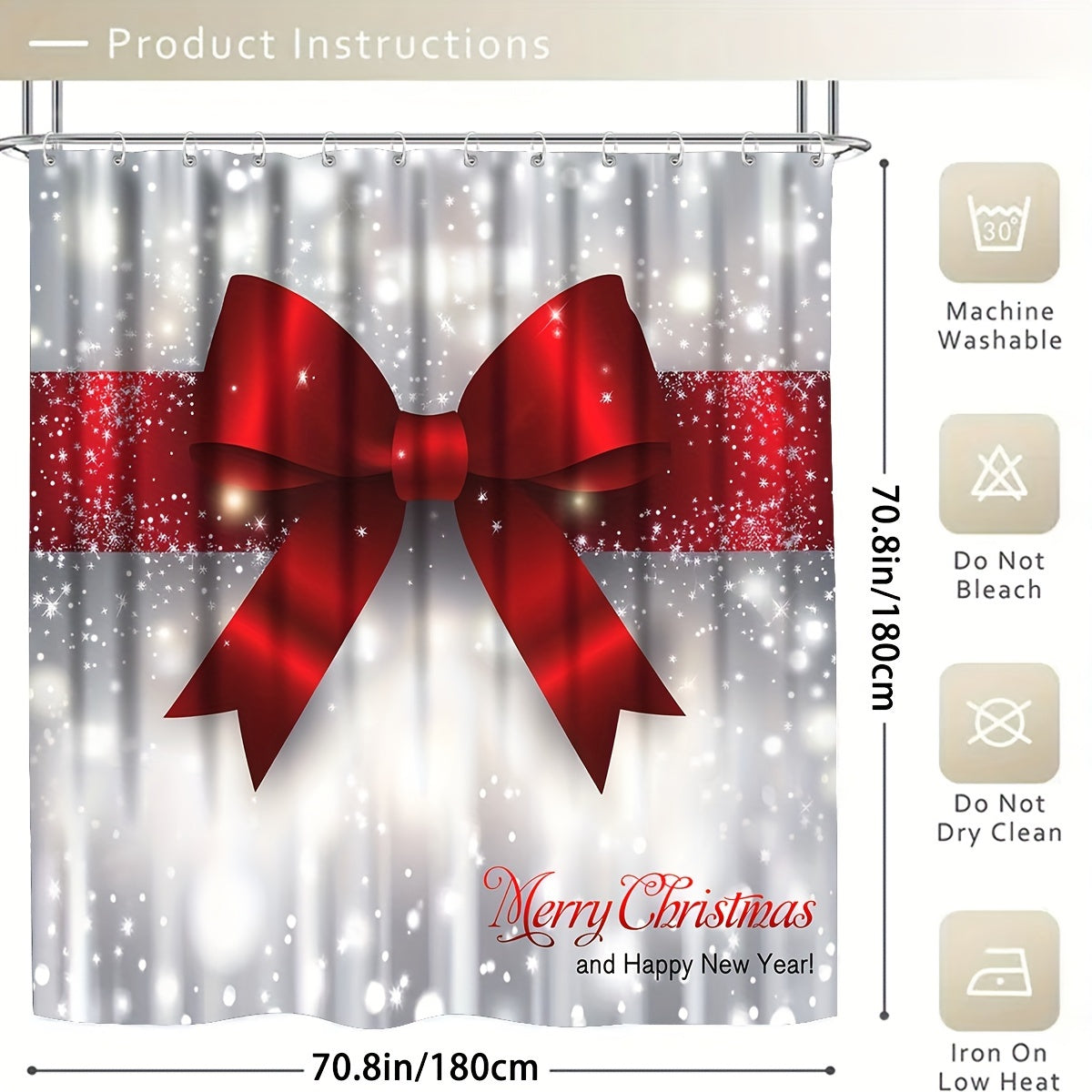 4pcs Machine Washable Christmas Shower Curtain Set, Waterproof Polyester Fabric with Non-Slip Bathroom Rug, Toilet U-Shape Mat, Toilet Lid Cover Pad, Bathroom Accessories, Bathroom Christmas Decor