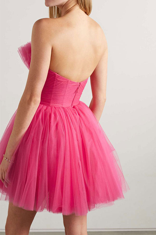 storexq Solid Color Bandeau Sweet Tulle Bubble Mini Dress