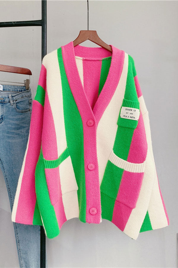 namcoverse Vertical Striped Bright Patch Pocket Cardigan